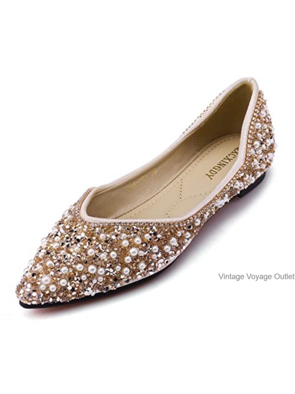 Women's Rhinestone Flats Pointed Toe Pearl Diamond Low Heel Dress Wedding Work